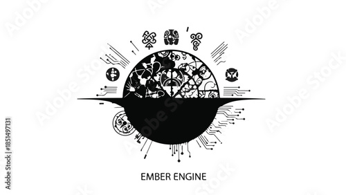 Intricate mechanical sphere with futuristic circuitry and symbolic icons