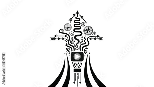 Abstract concept of ideas flowing from a screen, leading to a complex journey of growth and direction.