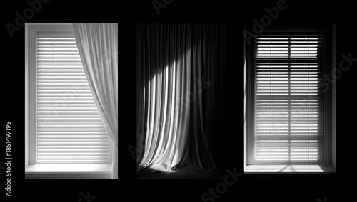 Three windows with blinds and draped curtains, bathed in dramatic light and shadow
