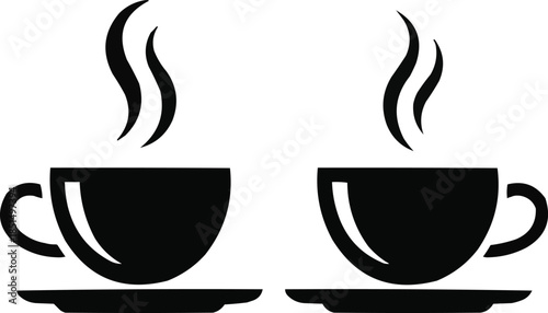Two Coffee Cups with Steam  Minimalist Black Graphic Illustration