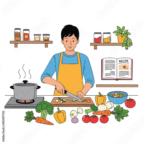 A person in a yellow apron prepares food surrounded by fresh ingredients