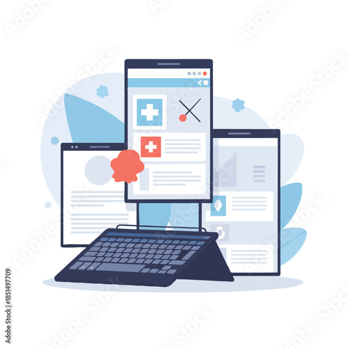 Medical website on a tablet-keyboard combo, abstract background, light blue & red design