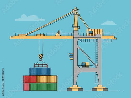 Crane lifting container at dockyard with stacked cargo in harbor