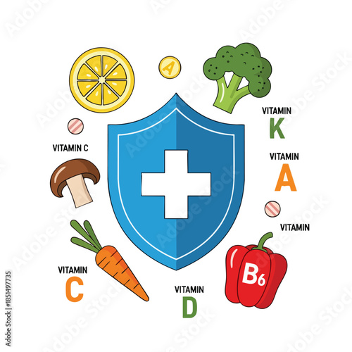 Colorful illustration depicting healthy foods, vitamins, and a shield symbol