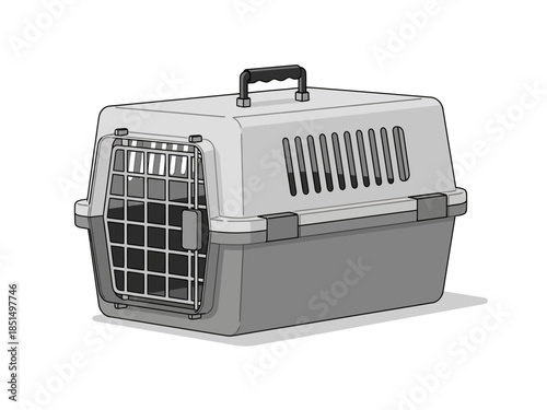 A gray pet carrier with ventilation and a handle is depicted in a simple illustration