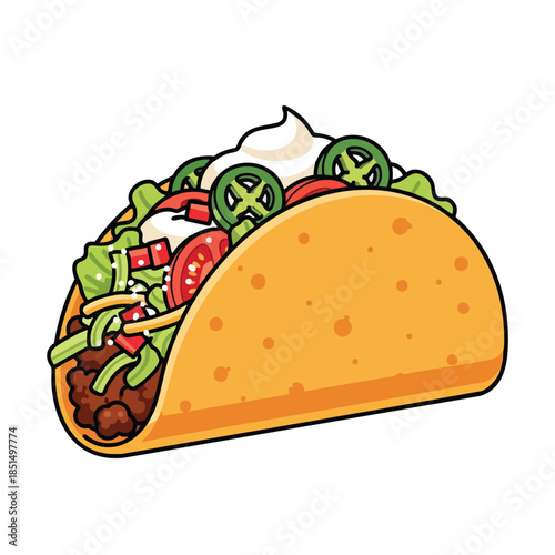 A cartoon taco filled with meat, lettuce, tomatoes, cheese, jalapenos, and sour cream