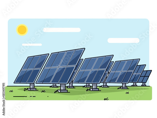 Solar panels installed in a green field under a clear blue sky with sunlight shining down