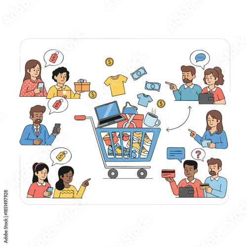 Illustration depicts a shopping cart overflowing with items, surrounded by people