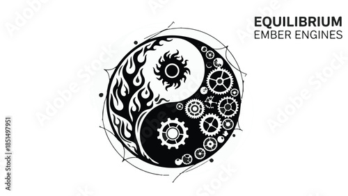 Dynamic yin yang symbol merging fire and mechanical gears, representing balance and harmony.