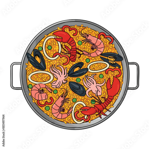 A vibrant cartoon depiction of seafood paella in a large, round cooking pan