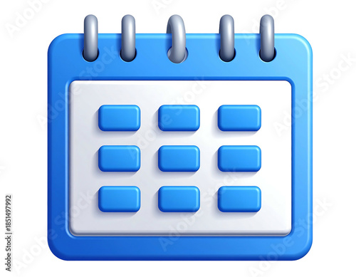A blue, three-dimensional digital calendar icon. The paper has a grid showing dates. The binding is at the top with silver rings
