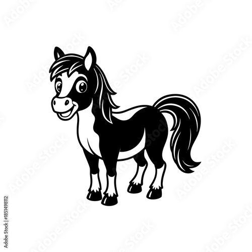 A cute cartoon illustration of a black and white horse with a flowing mane and tail, standing on a white background.