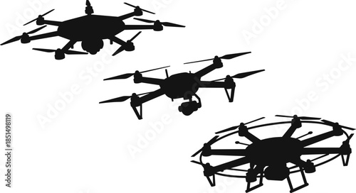 Flying drone and quadcopter aerial photography vector silhouette set, professional camera equipment, modern technology black graphic design, future delivery system.