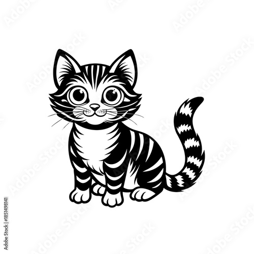 A charming black and white illustration of a cute tabby kitten sitting and looking forward with big, expressive eyes.