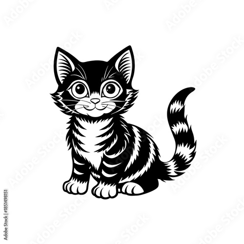 A charming black and white cartoon illustration of a cute tabby kitten sitting and looking forward with big eyes.
