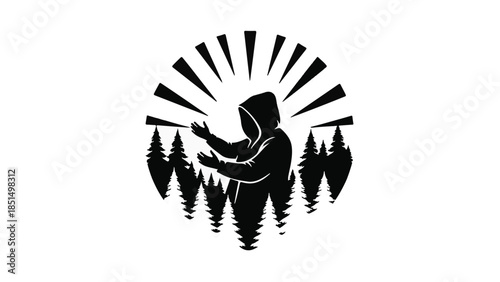 Mysterious figure in a hooded cloak reaching out amidst a forest and sunburst, symbolizing hope or discovery.