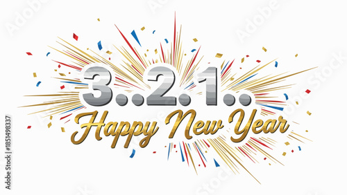 Vibrant New Year's Eve countdown graphic with sparkling numbers, festive confetti explosion, and golden 'Happy New Year' typography, celebrating new beginnings
