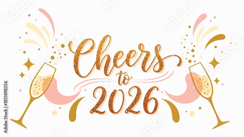 Elegant golden 'Cheers to 2026' calligraphy illustration with sparkling champagne flutes and festive confetti bursts, perfect for new beginnings and celebrations