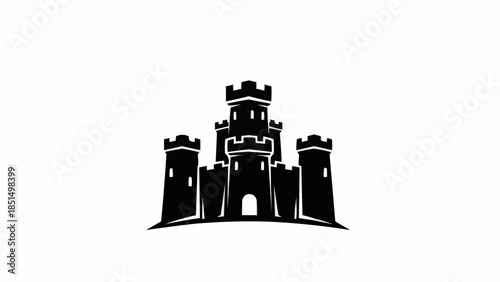 Black silhouette of a majestic medieval castle with multiple towers and battlements.