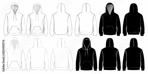 Technical illustration of various hooded sweatshirts in different views and colors