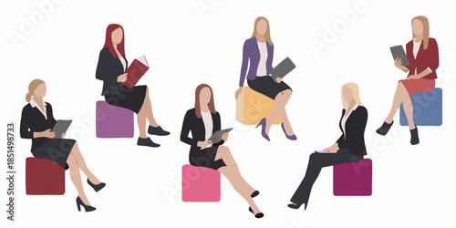 A group of women casually sitting and reading or using digital devices