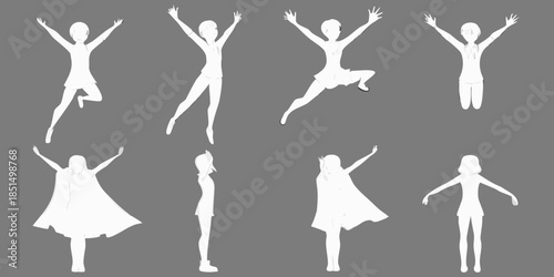 Silhouettes of people jumping and celebrating with arms raised joyful expression