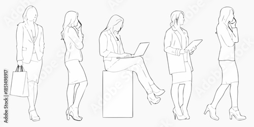 Line art illustration of five women in professional attire and various poses