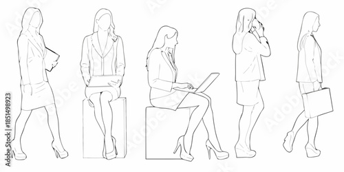 Line art illustrations of women in business attire in various poses