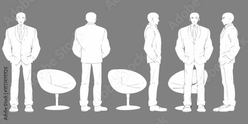 Fashion design sketch of a man in a suit various poses displayed