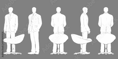 Minimalist illustration of men in suits and modern white chairs on gray