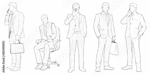 Line art illustration depicting five men in suits in various poses