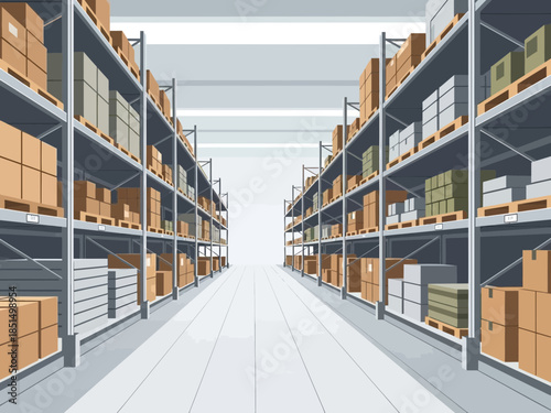 Aisle view of a warehouse with shelves stacked with boxes and packages in an industrial setting