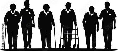 Seniors and Caregivers Group Silhouette Elderly People with Walker and Cane Vector Illustration