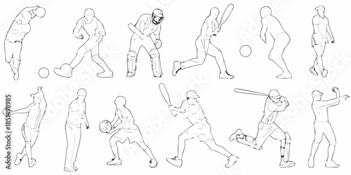 Line art illustration depicting various stages of a cricket player s actions