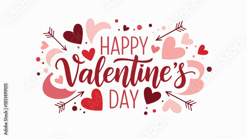 Elegant 'Happy Valentine's Day' decorative typography art, embellished with charming red and pink hearts and playful cupid arrows, perfect for expressing deep affection and celebrating romance