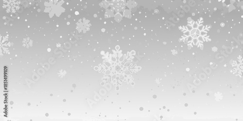 A grayscale background filled with various sized falling snowflakes