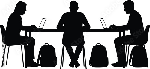 Group Silhouette Working on Laptops at a Table Teamwork Study Meeting Business Education Vector