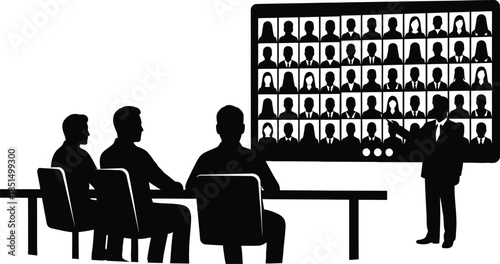 Hybrid Meeting Presentation Silhouette Vector Illustration Business Group Presenting to Virtual Video Conference Audience on Large Screen