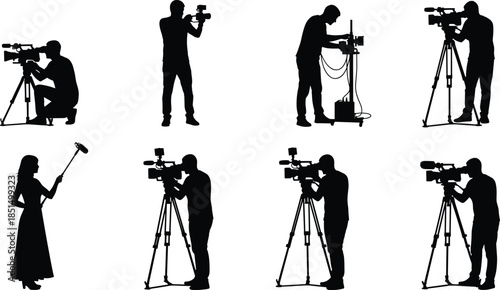 Group of cameramen, sound recordist, and film crew working with video cameras and boom microphone, black silhouette vector set.