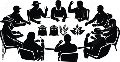 Agricultural Business Meeting Silhouette Icon Farmers and Negotiators Discussing Crops Grain Food Commodity Trade Black and White Vector Graphic