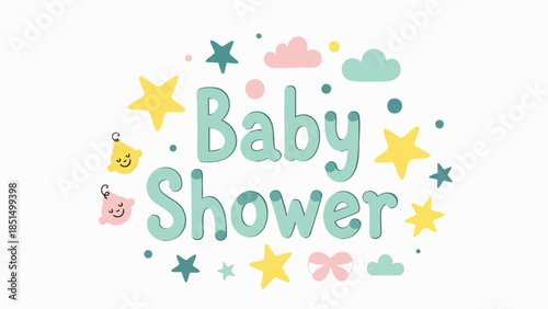 Charming pastel baby shower greeting card illustration, adorned with whimsical stars, fluffy clouds, and sweet bows, ideal for celebrating the joyful arrival of a new little one