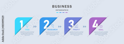 Business infographic template featuring 4 steps with icons and numbered elements. Clean and modern design suitable for business concepts