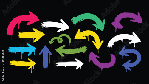 Vibrant Graffiti Style Arrows in Multiple Colors and Directions Keywords: arrows, graffiti arrows, spray paint arrows, brush stroke arrows, colorful arrows, direction arrows, pointing arrows