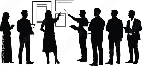 Business Presentation Silhouettes Team Meeting and Corporate Discussion Vector Illustration