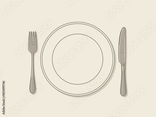 A simple illustration of a plate with a fork and knife on a plain background