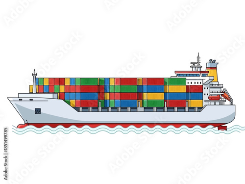 A large cargo ship carrying multicolored containers sails across the ocean viewed from the side.