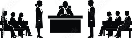 Courtroom Trial Scene Silhouette with Judge Lawyers and Audience Black and White Vector Icon
