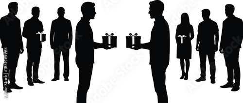 Corporate Gift Exchange Silhouettes Group of Business People Giving Presents Black and White Vector Illustration