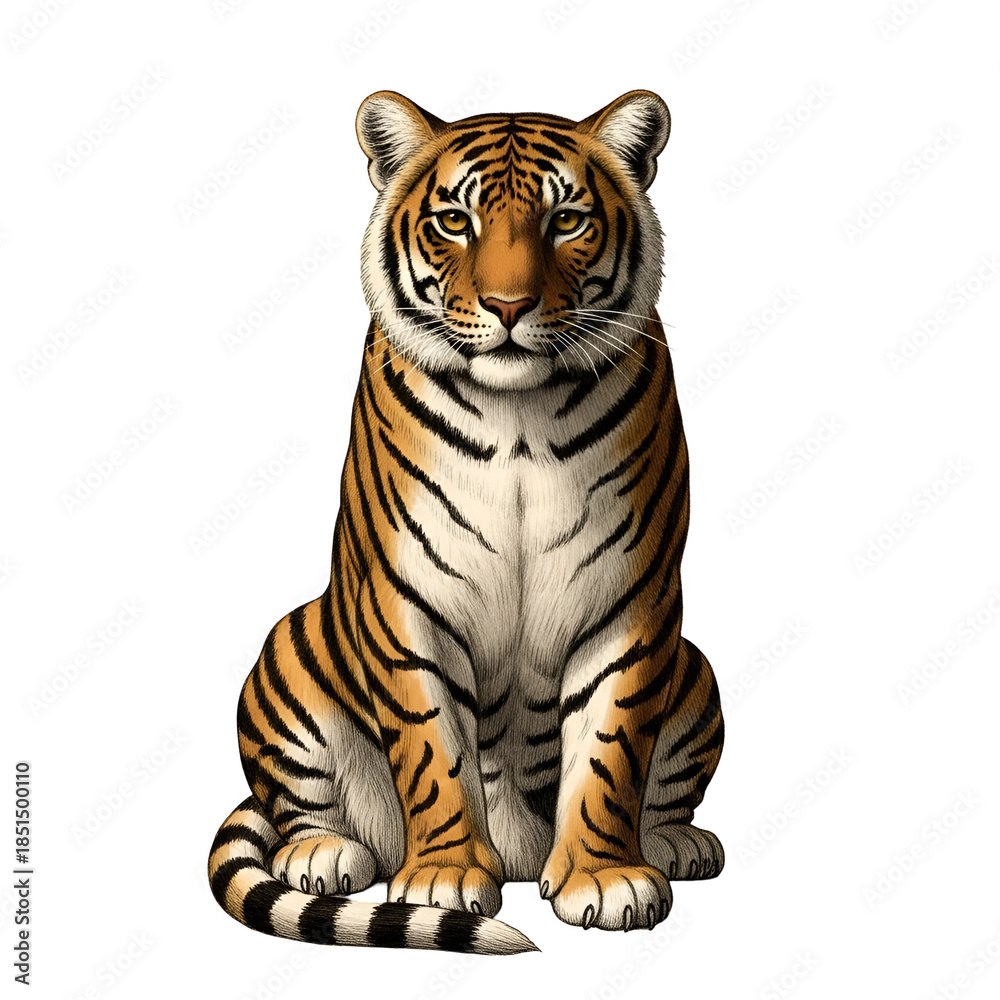 Obraz premium A realistic digital illustration of a sitting tiger with orange and black stripes on a white background.