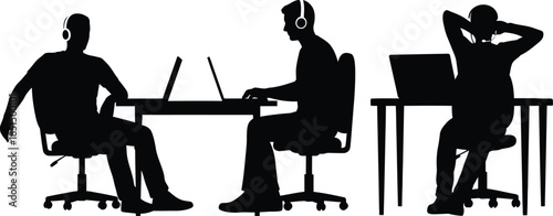 Three Male Silhouettes Working on Laptops with Headphones Vector Set Remote Work Customer Service and Call Center Support